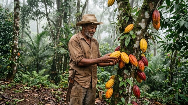 Brazilian ccocoa chocolate production chain. Bahian farmer inspects ripe cocoa pods in traditional Cabruca agroforestry system