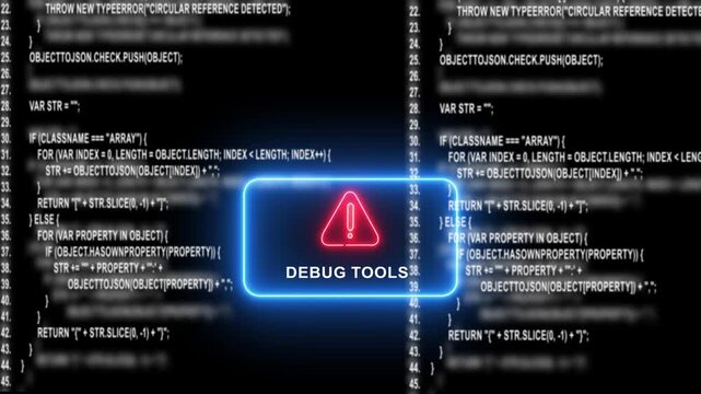Debug tools neon sign over scrolling software source code background, for programming and, tech concepts