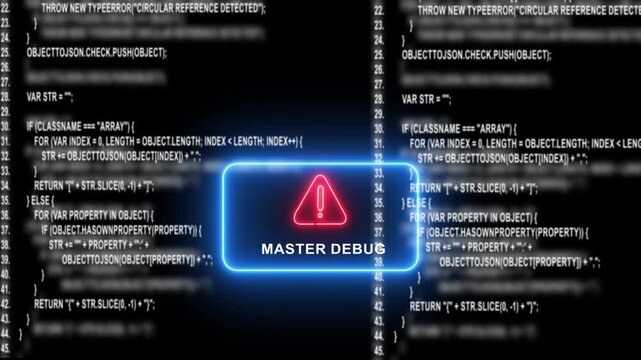 Master debug error warning neon sign over scrolling software code background, for programming and, cybersecurity concepts