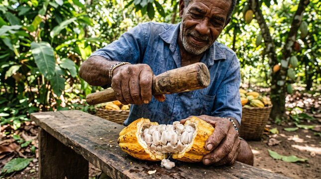 Brazilian ccocoa chocolate production chain. Bahian farmer opens fresh cocoa pod revealing beans in traditional Cabruca agroforestry system