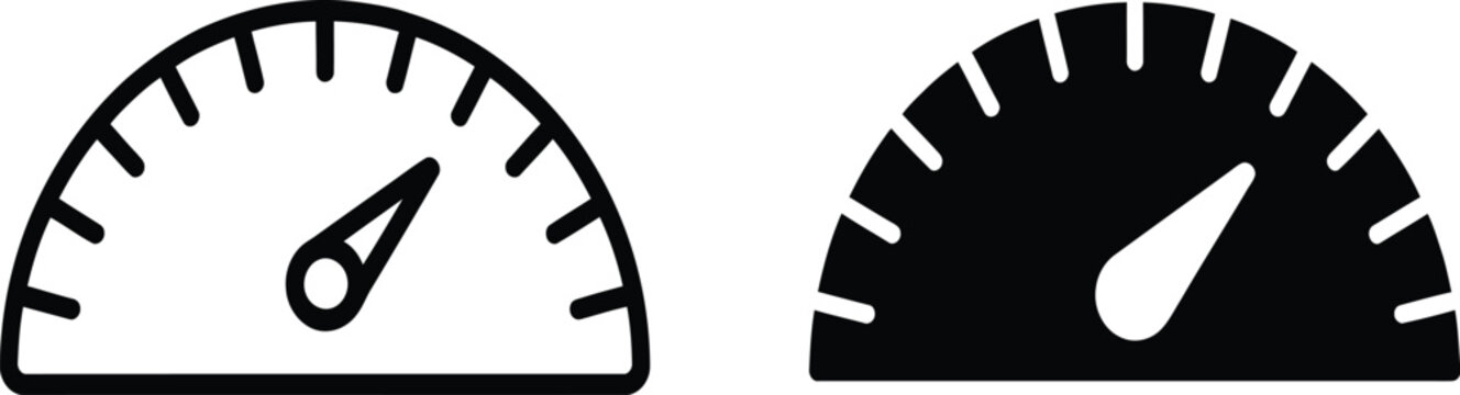 Speedometer icon vector illustration with editable black design for vehicle speed, performance measurement, dashboard controls, automotive technology, and vector graphics.
