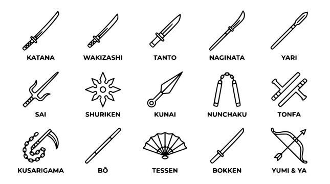 Black and white vector illustration set of traditional Japanese weapons