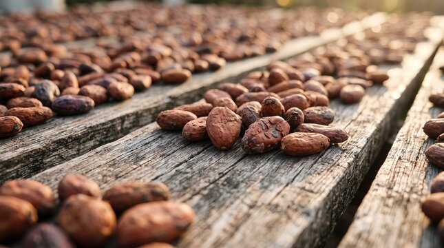 Brazilian ccocoa chocolate production chain. Sun Dried Cacao Beans on Rustic Wooden Table in Bahia Brazil Agroforestry