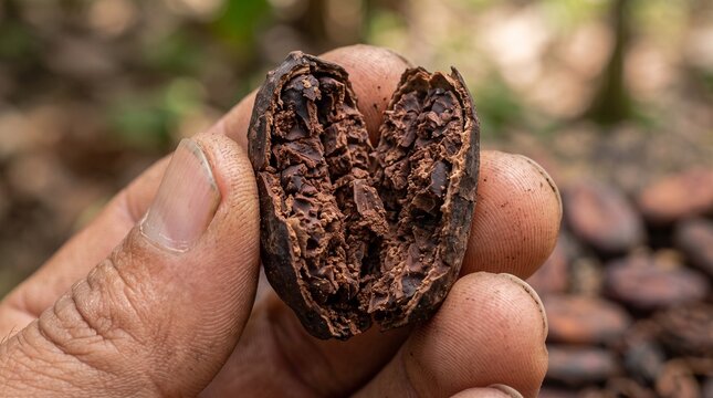 Brazilian ccocoa chocolate production chain. Brazilian farmer holds freshly harvested cocoa bean showing rich chocolate pulp in Bahia agroforestry farm
