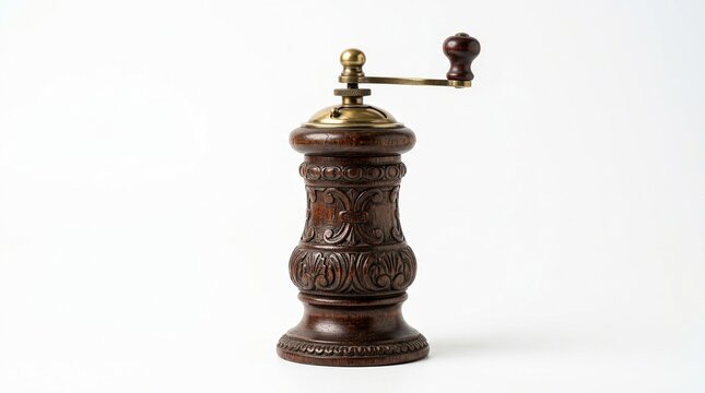Antique carved wooden pepper mill with brass accents
