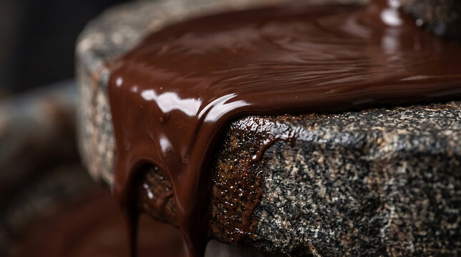 Brazilian ccocoa chocolate production chain. Artisanal Chocolate Making Molten Dark Chocolate Drizzling Over Stone Metate in Bahia Brazil
