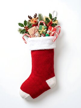 Red Stocking Stuffed with Gifts and Reindeer Toy