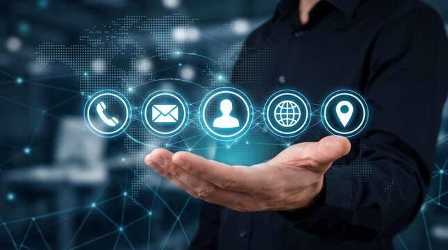 Businessman holding floating digital contact icons representing communication channels for global business connectivity and customer support services in a high tech virtual environment setting