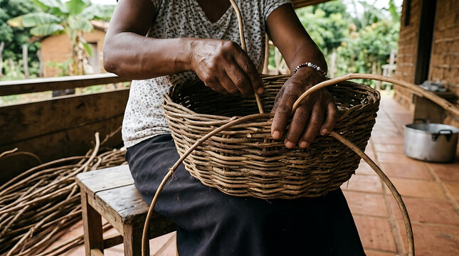 Brazilian ccocoa chocolate production chain. Artisanal basket weaving in Bahia Brazil Cabruca agroforestry traditional craft