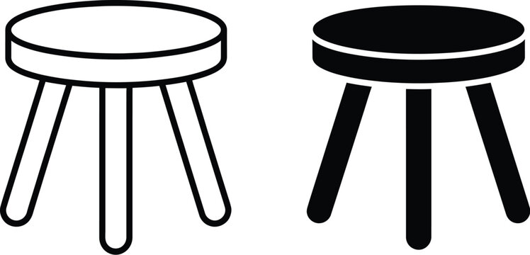 Three legged stool icon collection, black vector symbols for furniture, seating, interior design, household products, home decor, and EPS10 illustration.
