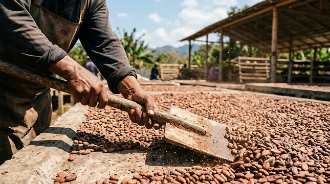 Brazilian ccocoa chocolate production chain. Brazilian farmer rakes cocoa beans drying in the sun on a farm in Bahia