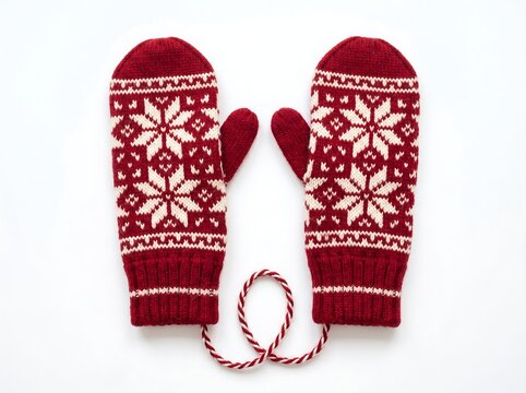 Pair of Red Knitted Mittens with Snowflake Pattern