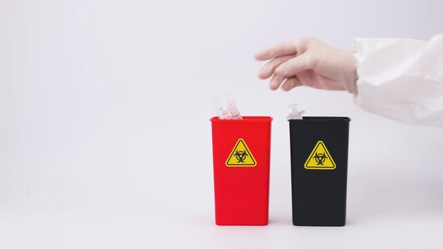 Gloved hand placing dangerous syringe inside red biohazard container bin for safe contaminated medical equipment waste disposal system