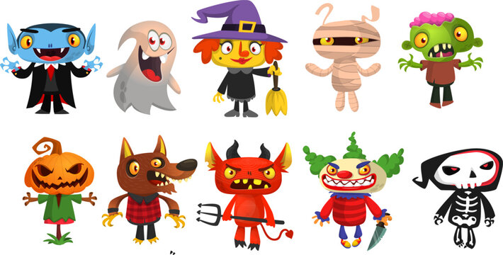 Cute cartoon Halloween characters set mummy zombie vampire ghost and mummy isolated design on white