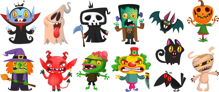 Cartoon Halloween characters set. Vector design isolated on white 