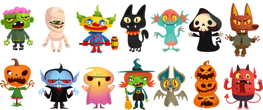 Cartoon collection set all Halloween monsters vampire witch mummy isolated character design
