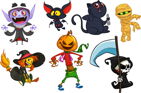 Halloween party set vampire bat scarecrow and witch cartoon  characters isolated design