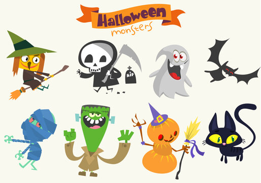 Vector collection set  mummy scarecrow ghost vampire and witch isolated design