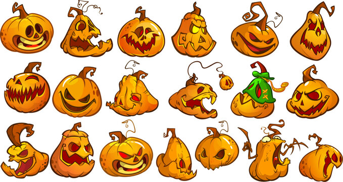 Cartoon funny Halloween pumpkin head face scarecrow expressions