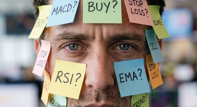 Close up portrait of stressed male trader with colorful sticky notes showing financial terms on his face.