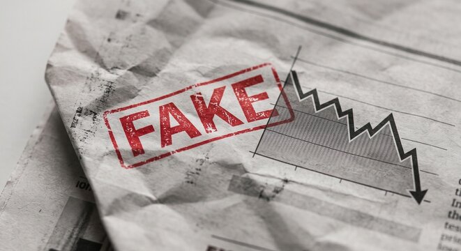 Crumpled newspaper page showing financial downward trend chart with red Fake stamp, market manipulation concept.