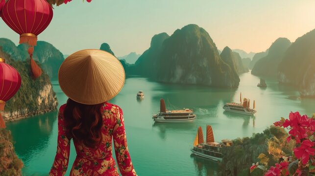 Woman in Conical Hat Overlooking Karst Bay with Boats and Lanterns