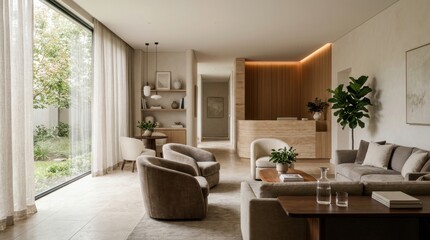 Fototapeta premium Luxury minimalist lounge interior with contemporary furniture and garden view