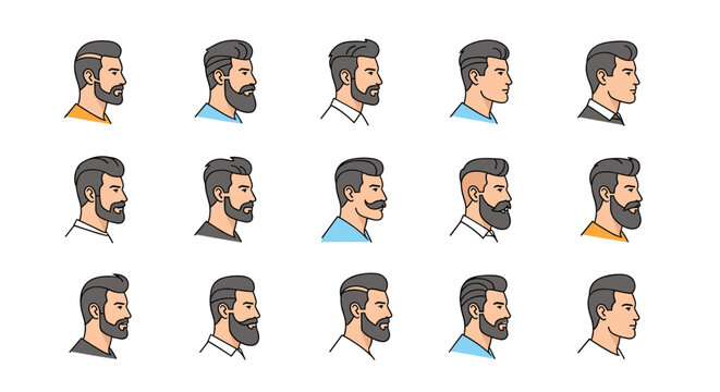 Collection of fifteen different male profile illustrations showcasing various beard styles and facial hair grooming options for men.