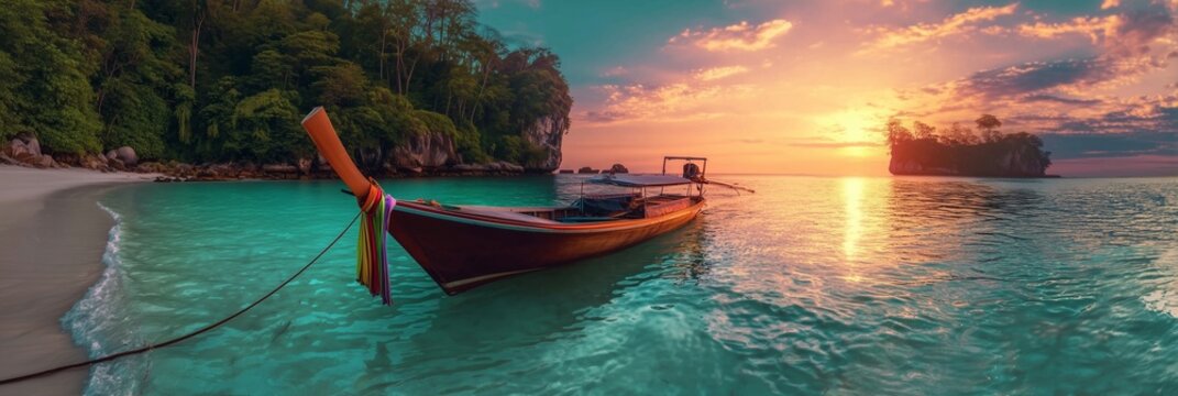 Traditional longtail boat moored in turquoise water at tropical beach sunset