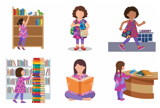 Vector Illustration Set of Young Girls Reading Books and Visiting the Library