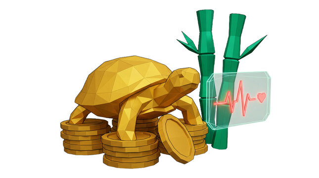 Golden low poly turtle on coins with health graph and bamboo