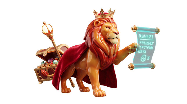 Regal lion king holding a glowing scroll near a treasure chest