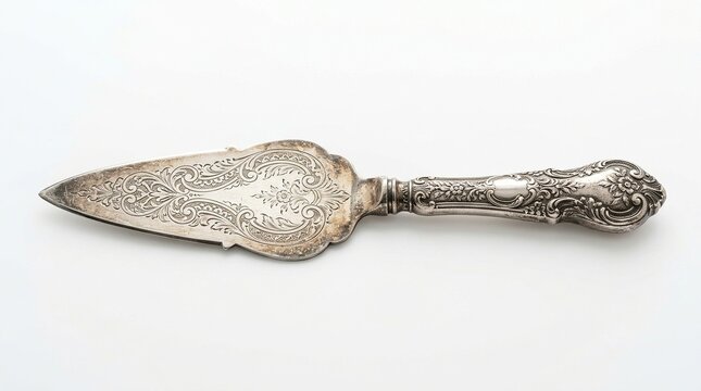 Antique ornate silver cake server with floral engraving