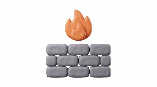 3d claymorphism icons concept. Illustration of a stone brick wall with a flame above it.