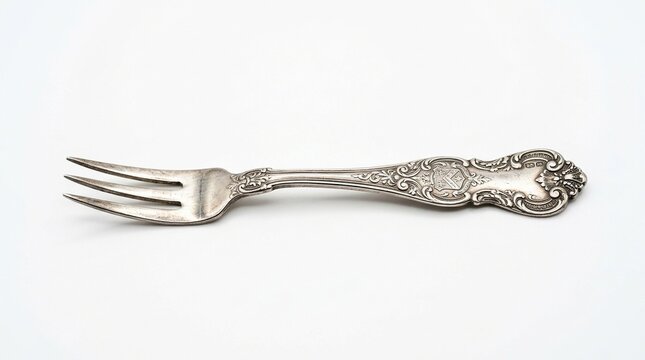 Antique ornate silver fork with crest on white background