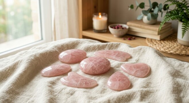 Polished Rose Quartz Skincare and Massage Tools Arranged for Wellness on a Textured Fabric Surface with Soft Ambient Light