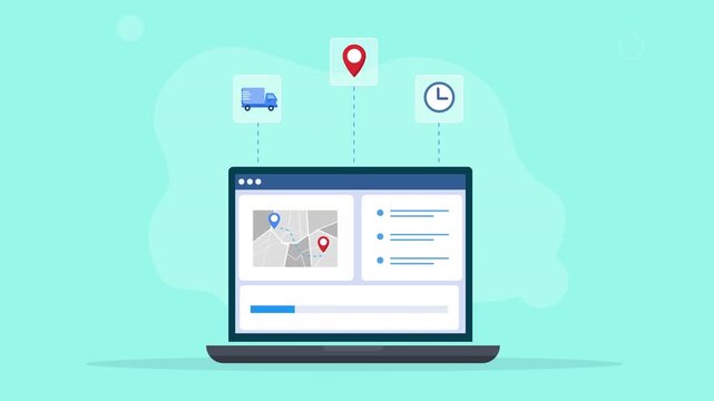 Modern flat vector animation showing a laptop with a location map dashboard and floating map pin and clock icons, representing navigation, location services, mapping, travel, and digital technology.