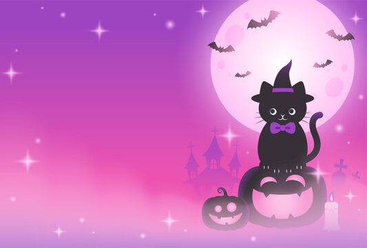 cute halloween vector background with a black cat, pumpkins and moon