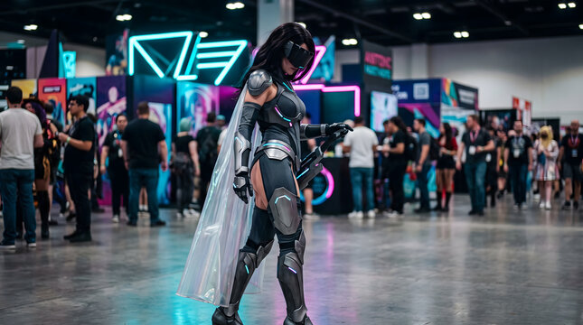 Futuristic female cosplayer in cyber armor at gaming technology convention