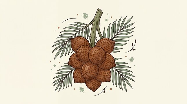 Exotic Salak Snake Fruit Bunch Illustration with Green Palm Leaves for Healthy Tropical Food Concept Design