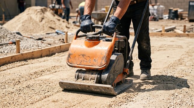 Construction worker operating a heavy plate compactor to level gravel soil at site with soil compaction gravel leveling road construction building site heavy machinery safety gloves
