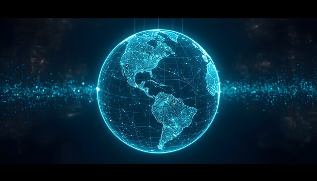 Glowing digital globe representing global AI communication and interconnected network technology.