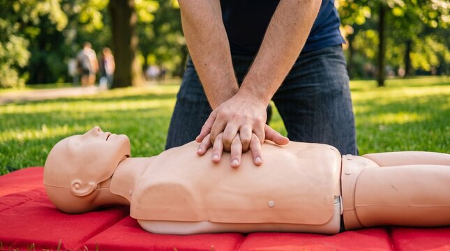 Rescuer performing adult cpr chest compressions on a training mannequin in a park outdoors with first aid medical dummy emergency response lifesaving skills outdoor training safety course