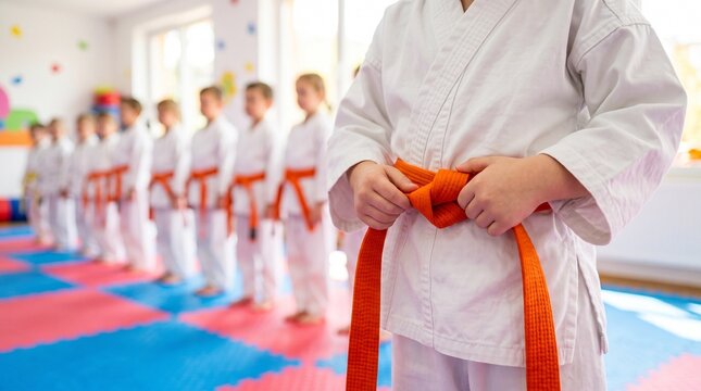 Martial arts student tying an orange belt around their waist during a class with other students lined up in the background karate student dojo class martial artist self defense training sess