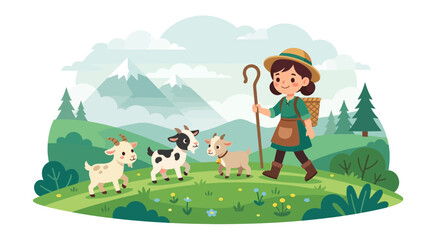 Fototapeta premium Shepherdess with Goats in a Green Meadow