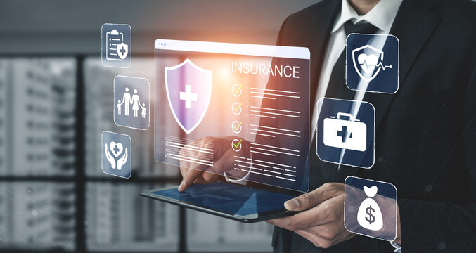 Professional man assessing health insurance options with digital tablet and holographic icons representing medical services and financial security in modern business environment. Bitwise.