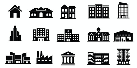 Fototapeta premium Set of black and white building icons representing various types of residential commercial and industrial real estate structures