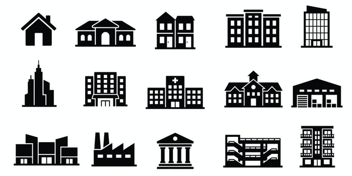 Set of black and white building icons representing various types of residential commercial and industrial real estate structures