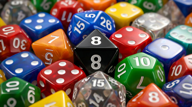 A vibrant, high-angle close-up of a diverse collection of colorful multi-sided gaming dice surrounding a prominent black 8-sided die.
