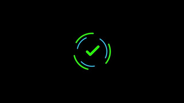 Sci-Fi Futuristic Dual Counter Rotating Circular HUD Arcs Green Verified Checkmark Animation 6 Seconds Loop on Alpha Channel 4K